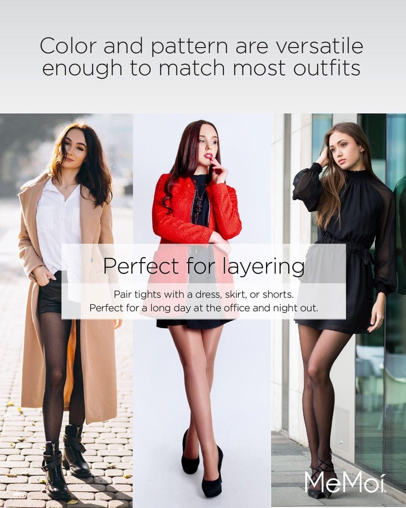 MeMoi Diamond Patterned Sheer Tights, Elegant Control Top Tights for Women, Flexible Comfort - Sizes Small to Large, Black-Black, Small/Medium - Image 4